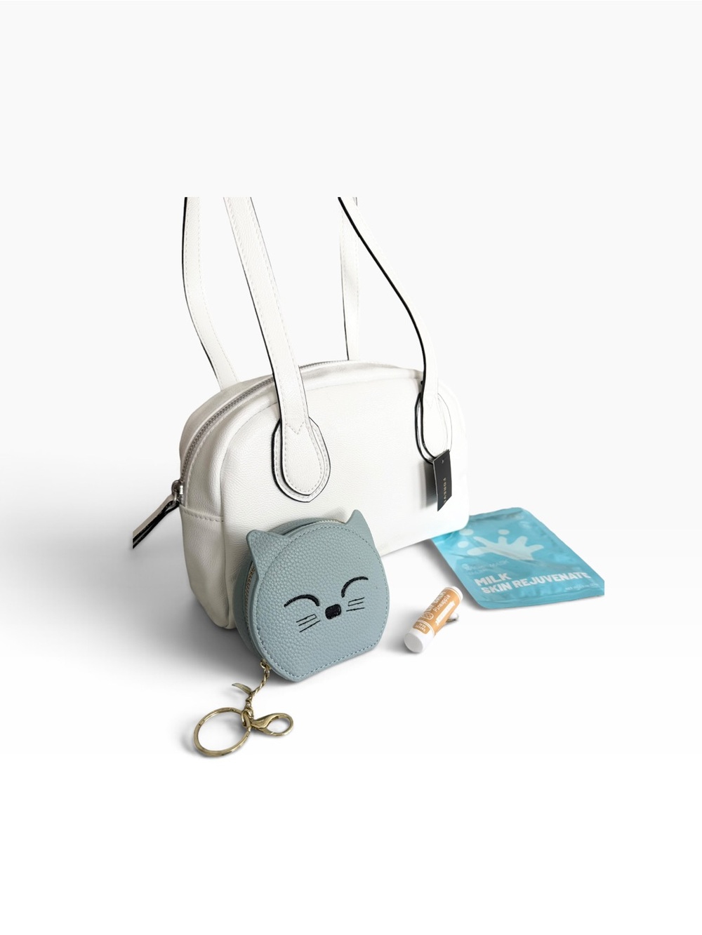 Forever 21 White Vegan Patent Bag + Cat Pouch Gift Bundle NWT